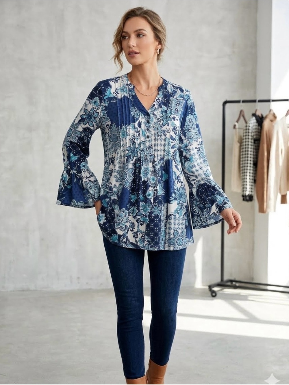 N Touch Blue Floral V-Neck Tunic with Pleated Front